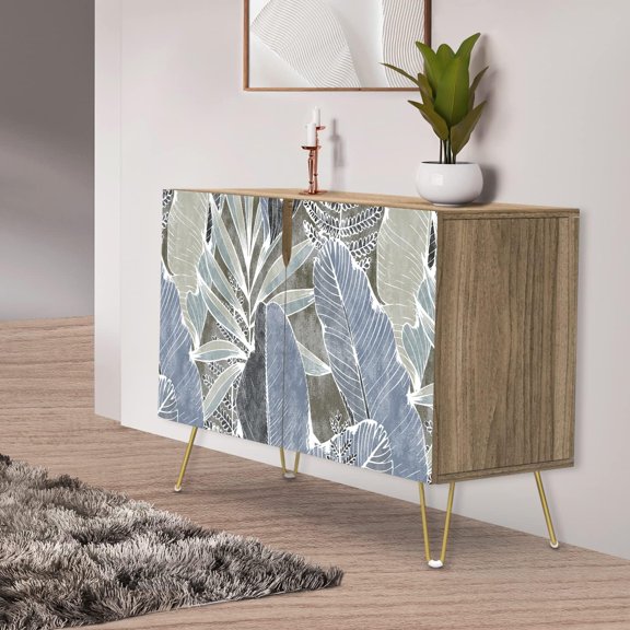 PixonSign Sideboard Buffet Cabinet, Kitchen Storage Cabinet with 2 Doors, Tropical Jungle Island Plant Patterns, Cupboard Console Table for Dining Room - 35" L x 18" W x 29" H