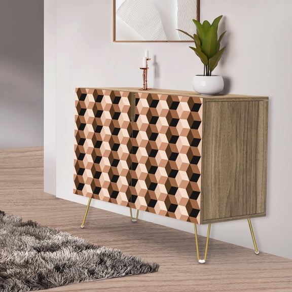 PixonSign Sideboard Buffet Cabinet, Kitchen Storage Cabinet with 2 Doors, Vibrant 3D Style Square Cube Patterns, Cupboard Console Table for Dining Room - 35" L x 18" W x 29" H