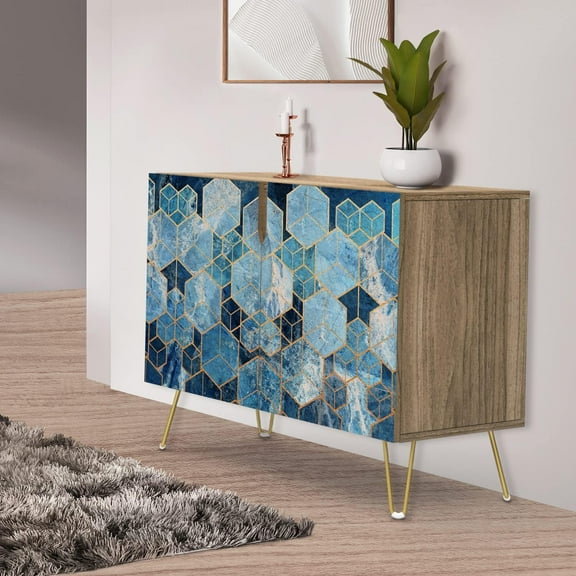 PixonSign Sideboard Buffet Cabinet, Kitchen Storage Cabinet with 2 Doors, Vibrant Blue 3D Square Cube Patterns, Cupboard Console Table for Dining Room - 35" L x 18" W x 29" H