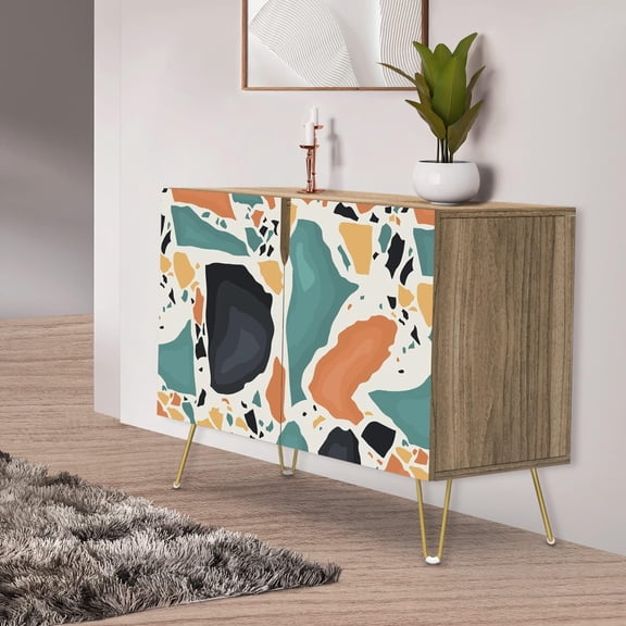 PixonSign Sideboard Buffet Cabinet, Kitchen Storage Cabinet with 2 Doors, Vibrant Teal Red Granite Pattern, Cupboard Console Table for Dining Room - 35" L x 18" W x 29" H