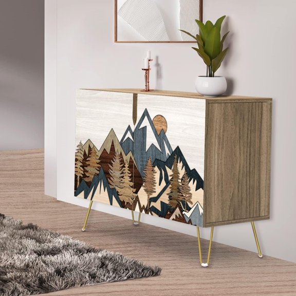 PixonSign Sideboard Buffet Cabinet, Kitchen Storage Cabinet with 2 Doors, Wood Panel Mountain Forest Landscapen, Cupboard Console Table for Dining Room - 35" L x 18" W x 29" H