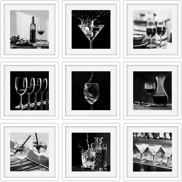 PixonSign Wall Art Collage Gallery Print Frame Set Black White Wine Martini Cocktails Food Drinks Photography Modern Art Minimal Culinary Celebrations for Living Room, Bedroom, Office - 8"x8"x9 WHITE