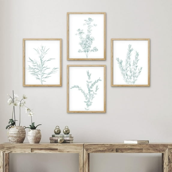 PixonSign&nbsp;Framed Teal Green Forest Plants Wall Art, Set of 4 Nature Tree Vine Branches Wall Decor Prints, Botanical Floral Wall Décor, Rustic Artwork for Living Room, Bedroom - 12"x16" Natural