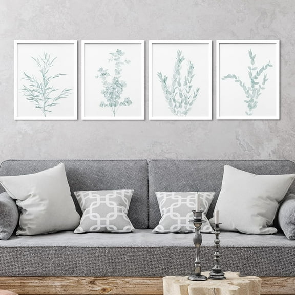 PixonSign Framed Teal Green Forest Plants Wall Art, Set of 4 Nature Tree Vine Branches Wall Decor Prints, Botanical Floral Wall Décor, Rustic Artwork for Living Room, Bedroom - 12"x16" White