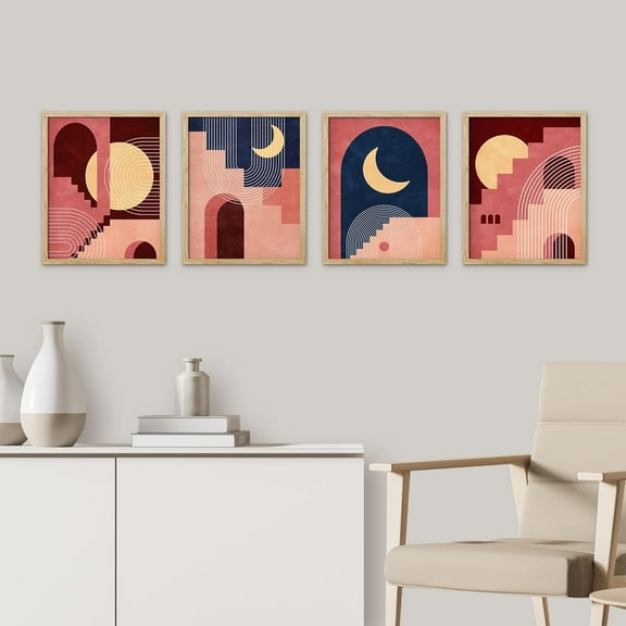 PixonSign&nbsp;Framed Wall Art, Crescent Moon Mid-Century Geometric Posters, Set of 4 Architectural Landscape Wall Decor, Abstract Shapes Bohemian Prints, Modern Artwork Wall Décor - 8"x10" Natural
