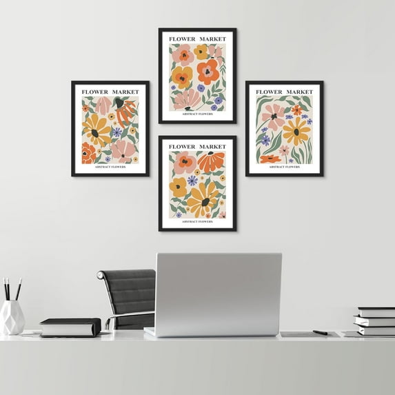 PixonSign&nbsp;Framed Wall Art, Flower Market Abstract Posters, Set of 4 Floral Botanical Prints Cartoon Colorful Wall Decor, Minimalist Wall Décor for Living Room, Brdroom, Bathroom - 8"x10" Black