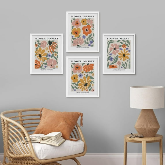 PixonSign&nbsp;Framed Wall Art, Flower Market Abstract Posters, Set of 4 Floral Botanical Prints Cartoon Colorful Wall Decor, Minimalist Wall Décor for Living Room, Brdroom, Bathroom - 11"x14" White