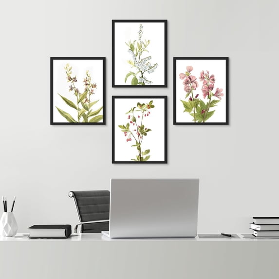 PixonSign&nbsp;Framed Wall Art, Forest Wildflowers Posters, Set of 4 Retro Vintage Antique Floral Plant Wall Prints, Nature Wilderness Wall Décor for Living Room, Bedroom, Office - 11"x14" Black
