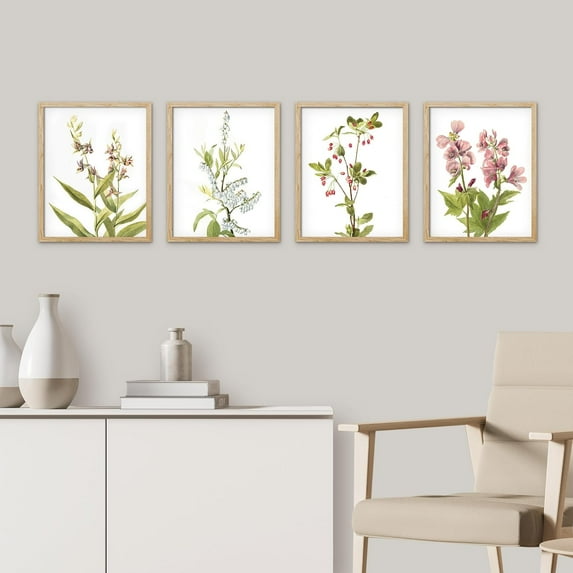 PixonSign&nbsp;Framed Wall Art, Forest Wildflowers Posters, Set of 4 Retro Vintage Antique Floral Plant Wall Prints, Nature Wilderness Wall Décor for Living Room, Bedroom, Office - 8"x10" Natural