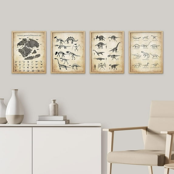 PixonSign&nbsp;Framed Wall Art, Retro Vintage Duotone Sepia Dinosaur Museum Skeletons Posters, Set of 4 Illustration Wall Decor Prints, Multicolor Contemporary Modern Wall Décor - 12"x16" Natural