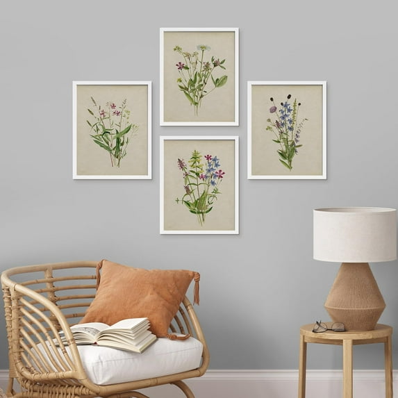 PixonSign Framed Wall Art, Watercolor Floral Botanical Posters, Set of 4 Rustic Farmhouse Wall Decor Wildflowers Prints, Minimalist Wall Décor for Living Room, Bedroom, Office - 11"x14" White