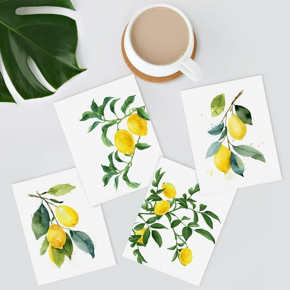 PixonSign&nbsp;Frameless Pastel Watercolor Lemon Wall Art, Set of 4 Nature Wilderness Wall Prints, Botanical Plants Floral Wall Décor, Fresh Fruits Poster Set Modern Art Home Decor - 8"x10"