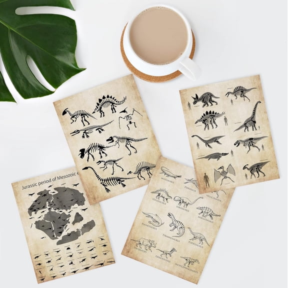 PixonSign Frameless Wall Art, Retro Vintage Duotone Sepia Dinosaur Museum Skeletons Posters, Set of 4 Illustration Wall Decor Prints, Multicolor Contemporary Modern Wall Décor - 11"x14"