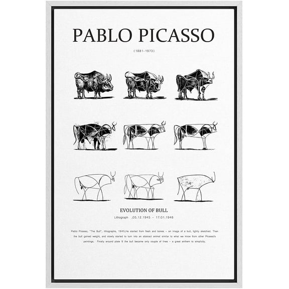 PixonSign ramed Canvas Print Wall Art Pablo Picasso Evolution of Bull Animals Nature Illustrations Fine Art Rustic Scenic Relax/Calm Duotone Dark for Living Room, Bedroom, Office - 16"x24" White
