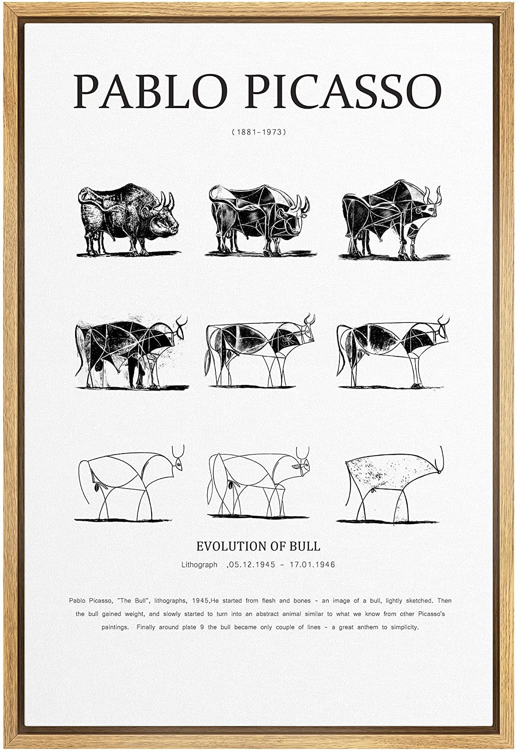Pablo Picasso Geometric Bull Animals Print on Natural Framed Canvas