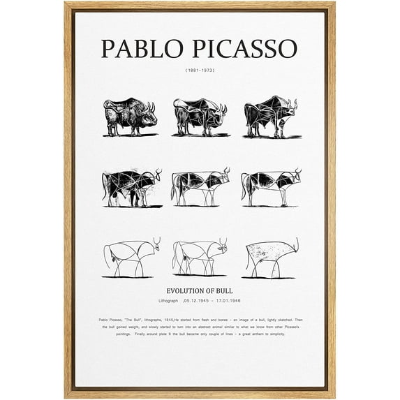 PixonSign ramed Canvas Print Wall Art Pablo Picasso Evolution of Bull Animals Nature Illustrations Fine Art Rustic Scenic Relax/Calm Duotone Dark for Living Room, Bedroom, Office - 16"x24" Natural