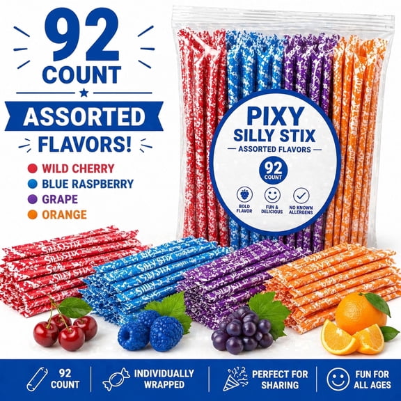 Michele's Pantry Pixy Silly Stix Powder Candy Raspberry, Orange, Cherry, Grape Flavors, No Known Allergens, 92 Count