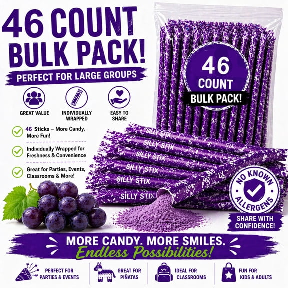 Michele's Pantry Pixy Silly Stix Candy Purple Grape  46 Count | No Known Allergens | Sweet & Sour Sugar Straws