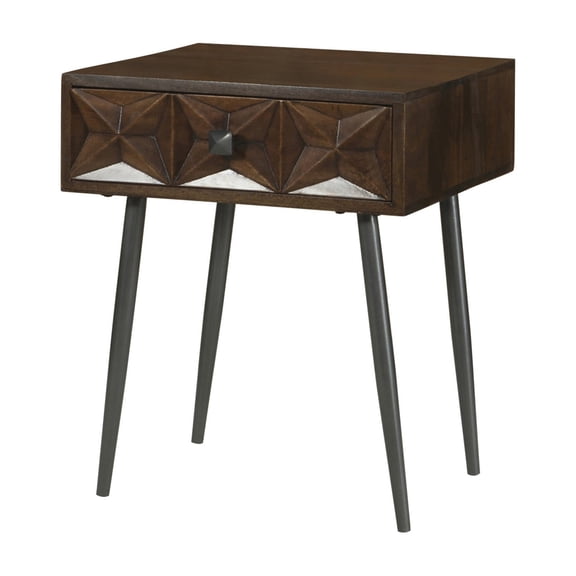 Piya 22 Inch 1 Drawer Accent Table, Retro Motif Front, Dark Brown Wood