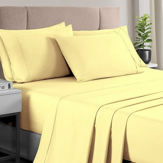 Pizuna 400 Thread Count 6Pc Mellow Yellow Luxury Bed Sheets Set King With 4 Pillow Cases, 100% Long Staple Cotton Sateen Sheets King, Light Weight Soft Bed Sheets Fits Upto 15Inch, 6Pc Value Pack