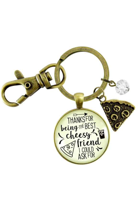 Pizza BFF Gutsy Goodness Bronze Keychain Thanks For Being Best Cheesy Pizza Theme Women's Fun Jewelry Slice