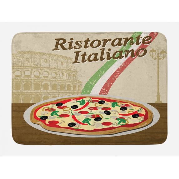 Pizza Bath Mat, Ristorante Italiano Concept with Vintage Grunge Style Print with Pizza and Collosseum, Plush Bathroom Decor Mat with Non Slip Backing, 29.5" X 17.5", Multicolor, by Ambesonne