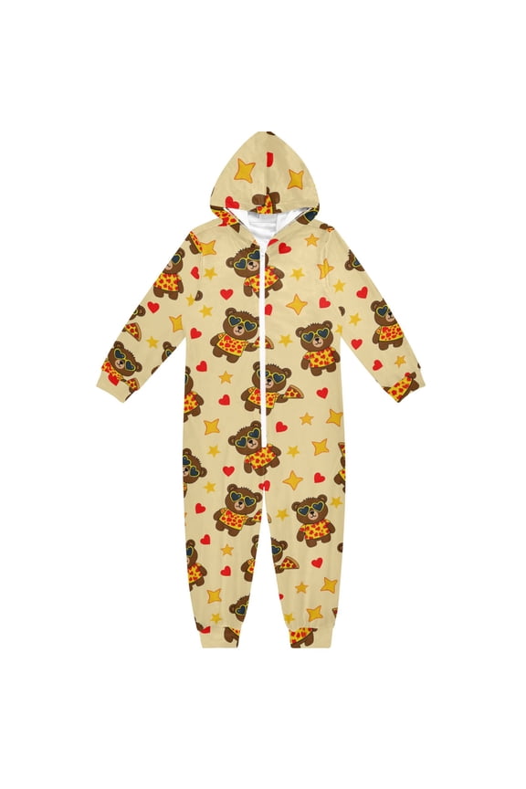 Pizza Bear Pattern One Piece Pajamas Soft Jumpsuit Cozy Sleep and Play Romper Zipper and Pockets 4T