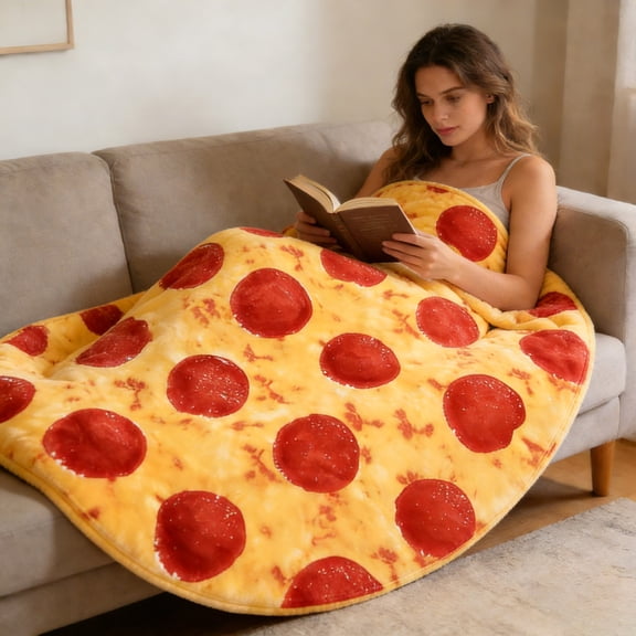 Pizza Blanket Double Sided Adult Size Red Pepperoni Realistic Food Cheese Fluffy Throw Blankets Flannel Funny Novelty Present 70.8 Inches Round Lightweight