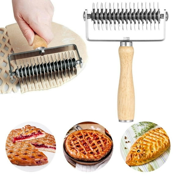 Pastry Lattice Roller Cutter - Stainless Steel Lattice Dough Cutter with Wood Handle,Dough Lattice Cookie Pie Pastry Roller Cutter for Pie Pizza Bread Fishnet Crust