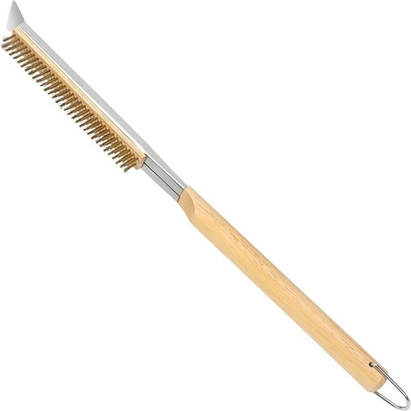 Pizza Brush with Stainless Steel Stone Scraper - Brass Bristles - Wood Handle - Hanging Ring - Outdoor Pizza Oven Accessory for Pizza Oven Grill Pan Pot
