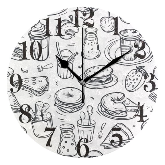 Pizza Burger Fruit Line Round Wall Clock Battery Operated Silent Non-Ticking Bedroom Office Kitchen Home School Decor 10"(Black)