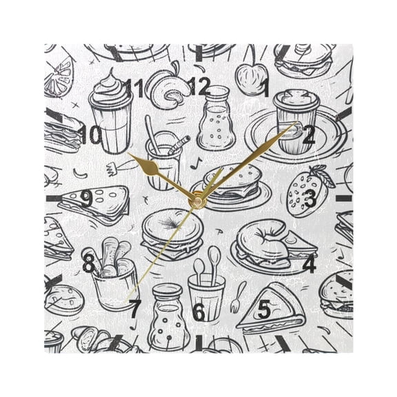 Pizza Burger Fruit Line Wall Clock Battery Operated Silent Non-Ticking Bedroom Office Kitchen Home School Decor 7.8"(Gold)