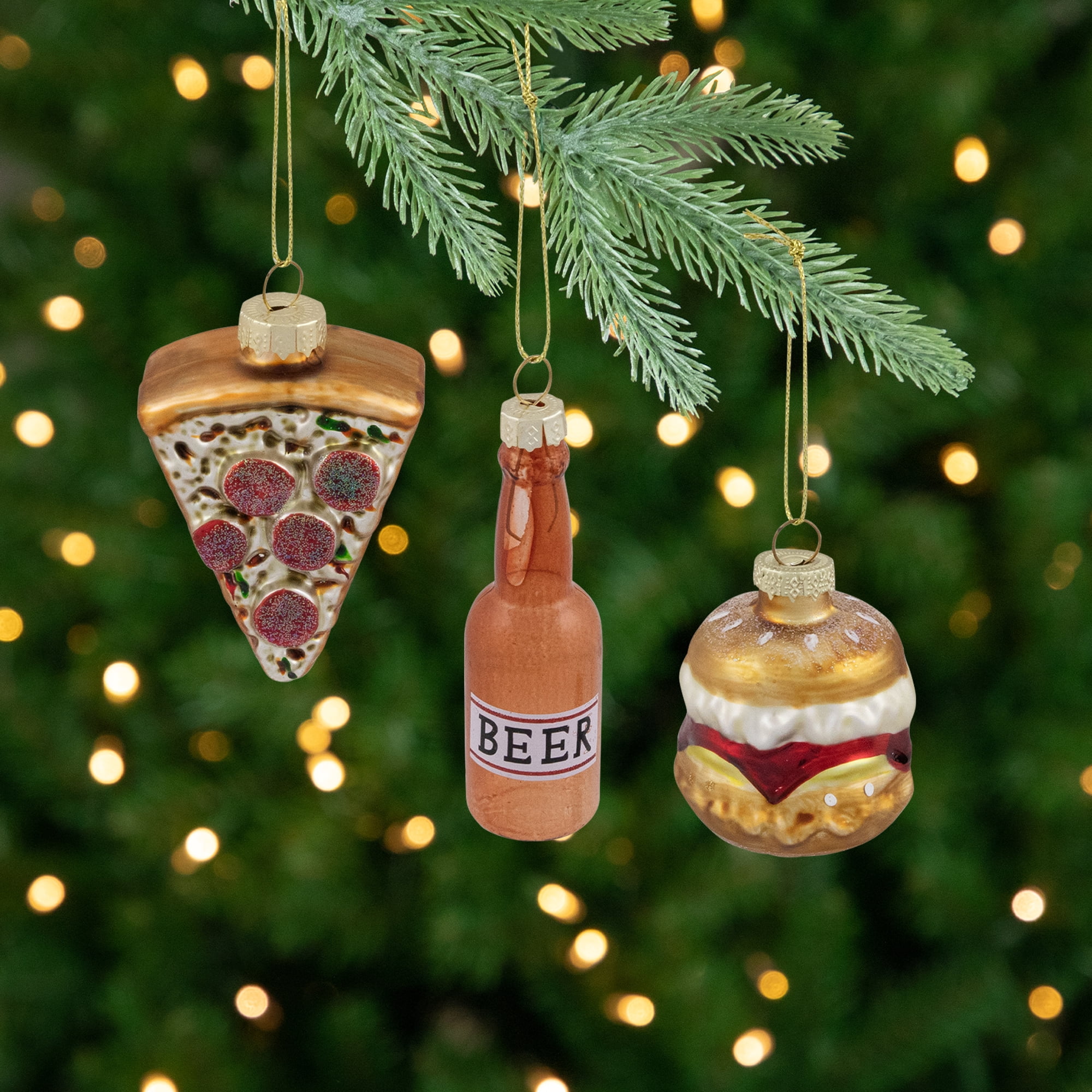 Northlight Pizza, Burger and Beer Glass Christmas Ornaments - 3.5" - Set of 3