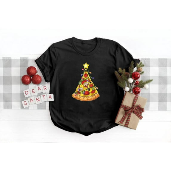 Pizza Christmas Tee T Shirt Graphic Tops Tree Design Trendy Holly Jolly Holiday Short Sleeve Black S-5XL