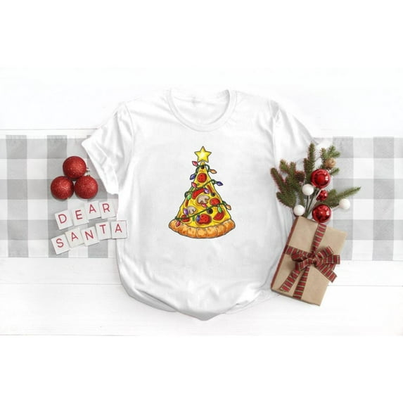 Pizza Christmas Tee T Shirt Graphic Tops Tree Design Trendy Holly Jolly Holiday Short Sleeve White S-5XL