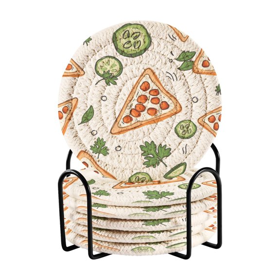 Pizza Cucumber Pattern Bar Coasters 6 Pack Braided Coasters with Holder Absorbent Heat Resistant