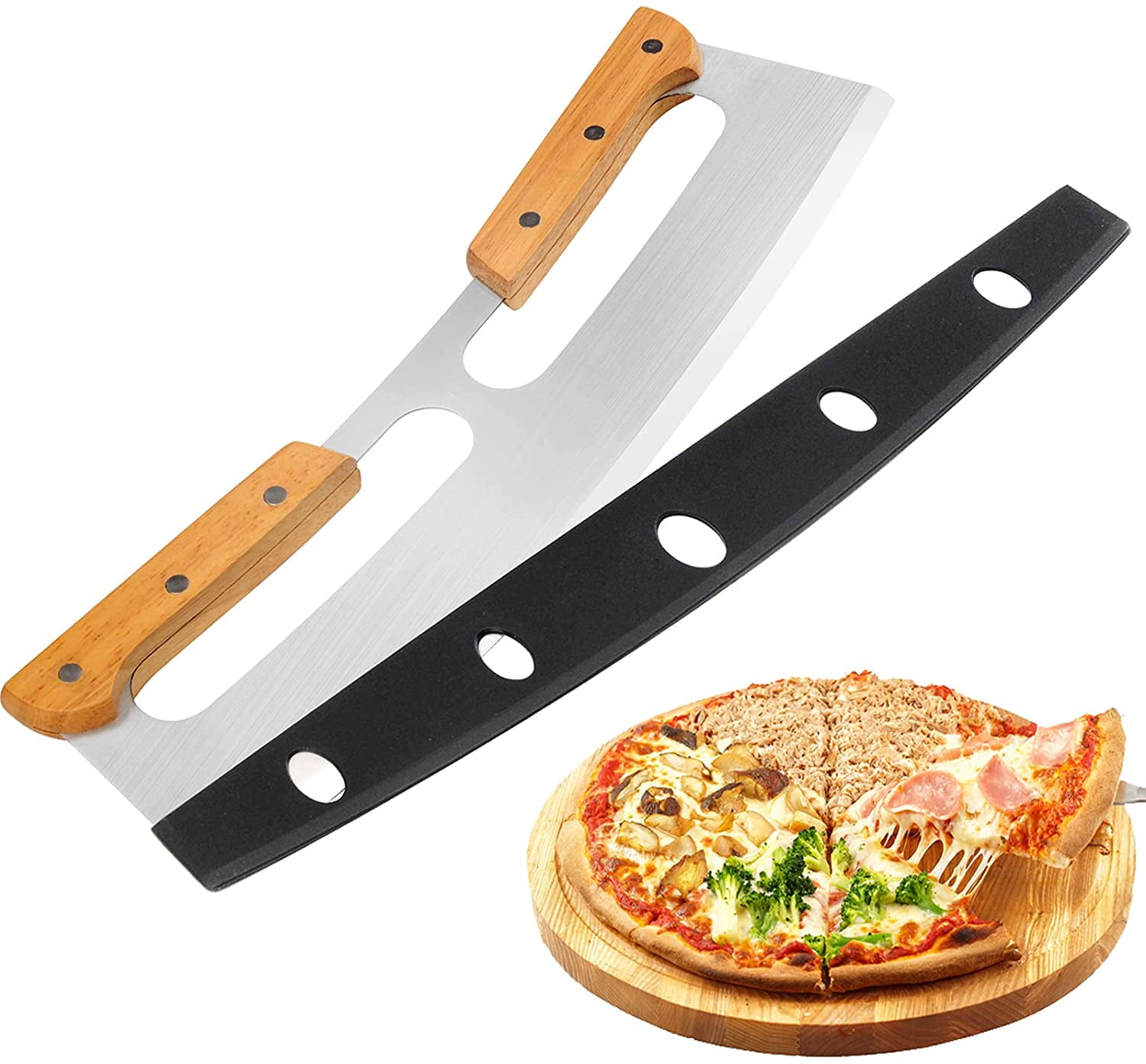 Pizza Cutter Rocker with Wooden Handles & Protective Cover, 14" Sharp Stainless Steel Pizza Slicer Wheel, Big Pizza Knife Cutters for Kitchen Tool (14inch)