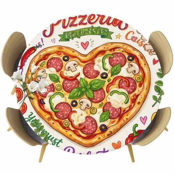 Pizza Delicacy Round Tablecloth 55-60 Inch Round Fitted Table Cloth with Elastic Edge, Cartoon Funny Watercolor Yummy Foods Waterproof Table Cover Protector for Outdoor Picnic Party Dining