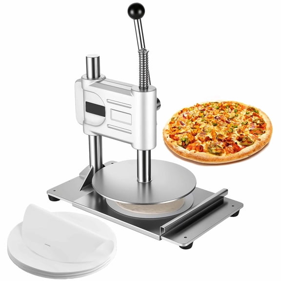 Pizza Dough Press Machine 9.5 Inch, Stainless Steel Pastry Press, Commercial Chapati Maker, Pizza Crust Forming Tool with Handle & 100 Parchment Papers