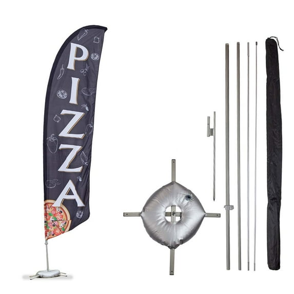 Pizza Feather Flag Kits - 13.5ft Flag Complete Pole Set, Ground Stake, Cross Base and Weight Bag - Great for Businesses, Storefronts, Sales - Printed in The USA