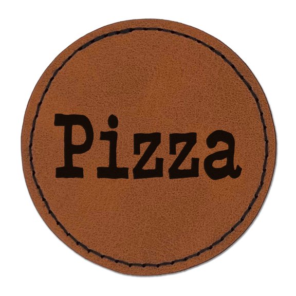 Pizza Fun Text 2.5" Faux Leather Round Engraved Iron-On Patch - Brown