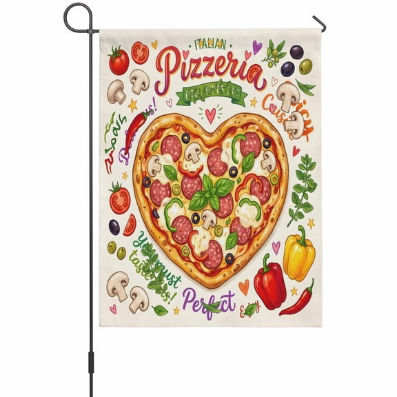 Pizza Garden Flag 12 x 18 Inches, Watercolor Cartoon Vegetables Pizza Beige Weather Proof Outdoor Patio Flags Double Sided Small Garden Decoration for Yard Outside Home