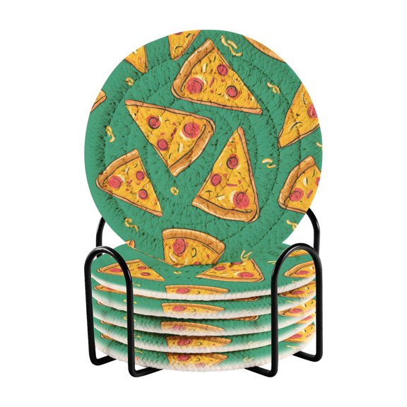 Pizza Green Pattern Bar Coasters 6 Pack Braided Coasters with Holder Absorbent Heat Resistant