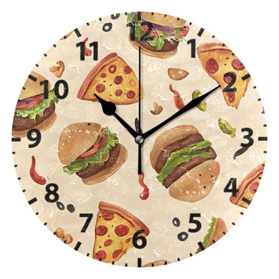 Pizza Hamburger Pattern Wall Clock 10in Round Artistic Oil Painting Home Decor Desk Table Clock