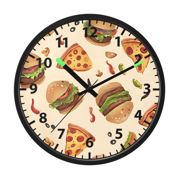 Pizza Hamburger Pattern Wall Clock 12 Inch Voice Activated Night Light Silent Non Ticking