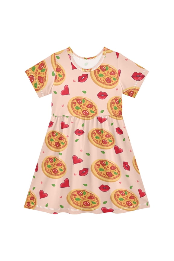 Pizza Heart Pattern Girls Short Sleeve Dress A Line Sun Protection Breathable Comfort Sundress 3T