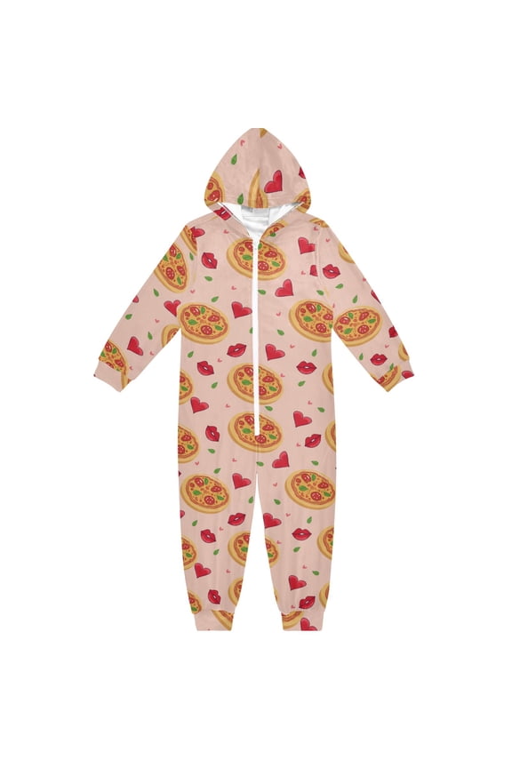 Pizza Heart Pattern One Piece Pajamas Soft Jumpsuit Cozy Sleep and Play Romper Zipper and Pockets 7T-8T