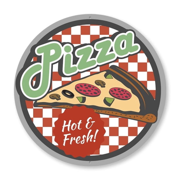 Pizza Hot And Fresh Aluminum Metal Decor Sign - 12" Round