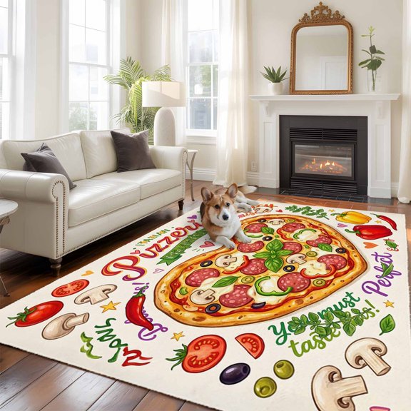 Pizza Large Area Rugs 5x8 ft Watercolor Cartoon Vegetables Pizza Beige Washable Rug Non Slip Indoor Carpet Absorbent Floor Mat for Living Room Bedroom Dining Room
