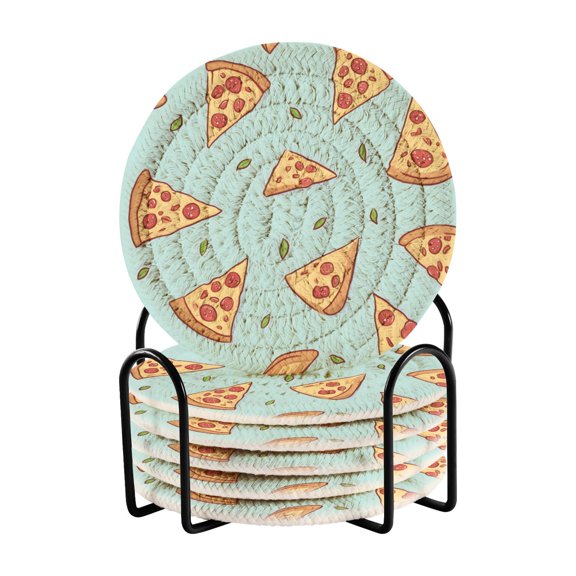 Pizza Leave Pattern Bar Coasters 6 Pack Braided Coasters with Holder Absorbent Heat Resistant